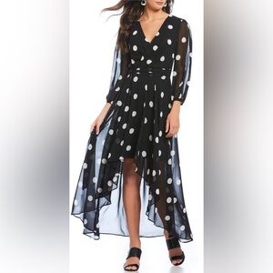 Eliza J NWT Black Polka Dot Midi Dress 8 high low wrap long sleeve flowy V neck